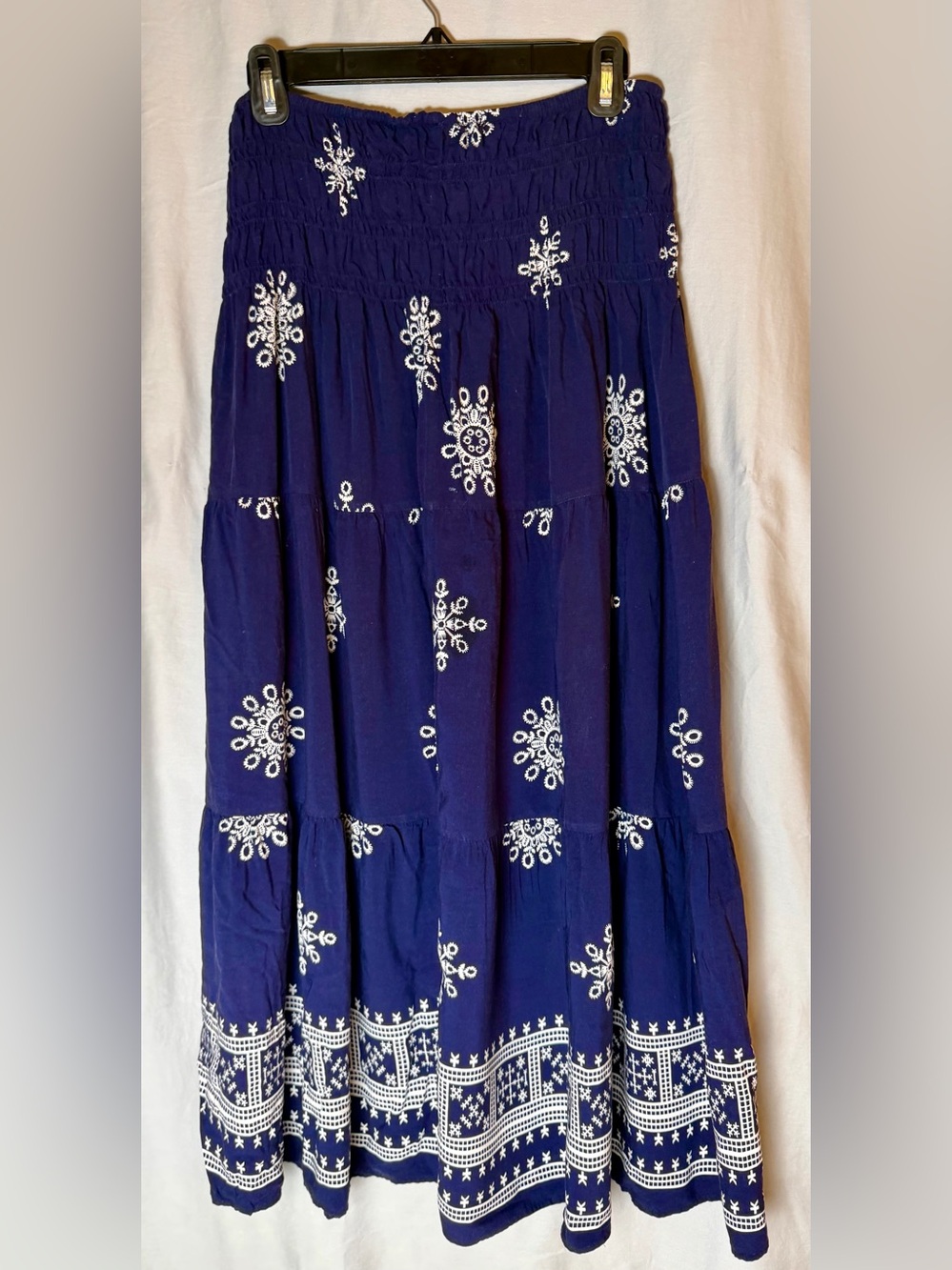 Smocked Waist Navy Floral Blue Embroidered Maxi Skirt